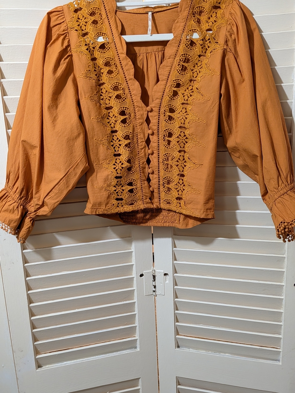 Women's Embroidered Puff-Sleeve Blouse - Rust